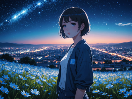31072111-2084045070-anime girl, night, blue light behind her,  ((Galaxy, Lens flare)), short hair, flower field, night sky, cinematic shot. Wallpape.png